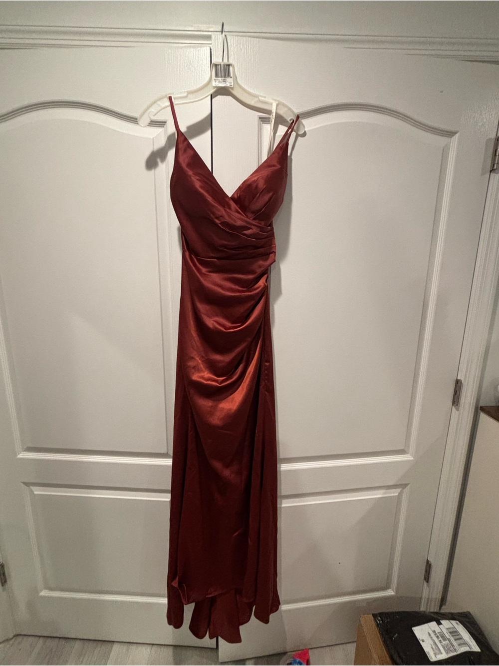 David's Bridal Satin V-Neck Maxi Dress in Wine